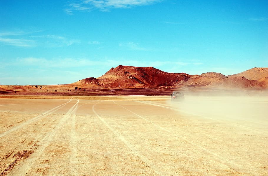 car, desert, overlooking, mountain, blue, sky, blue sky, morocco, africa, rally