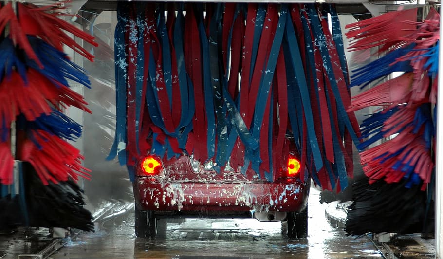selective, focus photography, red, vehicle, car wash, motion, brushes, clean, business, car