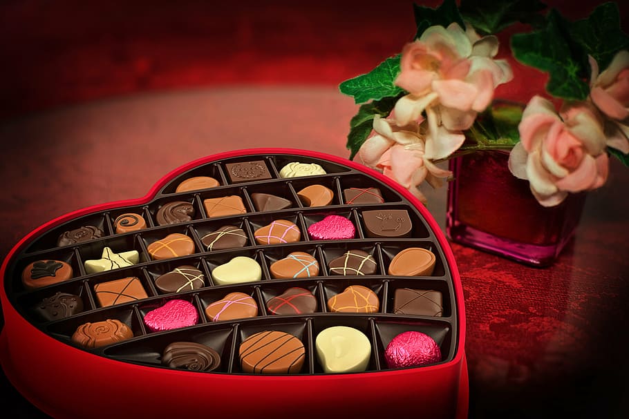 chocolates, inside, heart shape box, valentine's day, candy, heart, love, valentine, red, romance