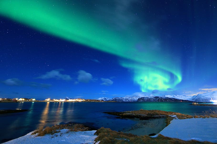 norteño, luces, cielo, crepúsculo, aurora boreal, Noruega, ártico, boreal, verde, invierno