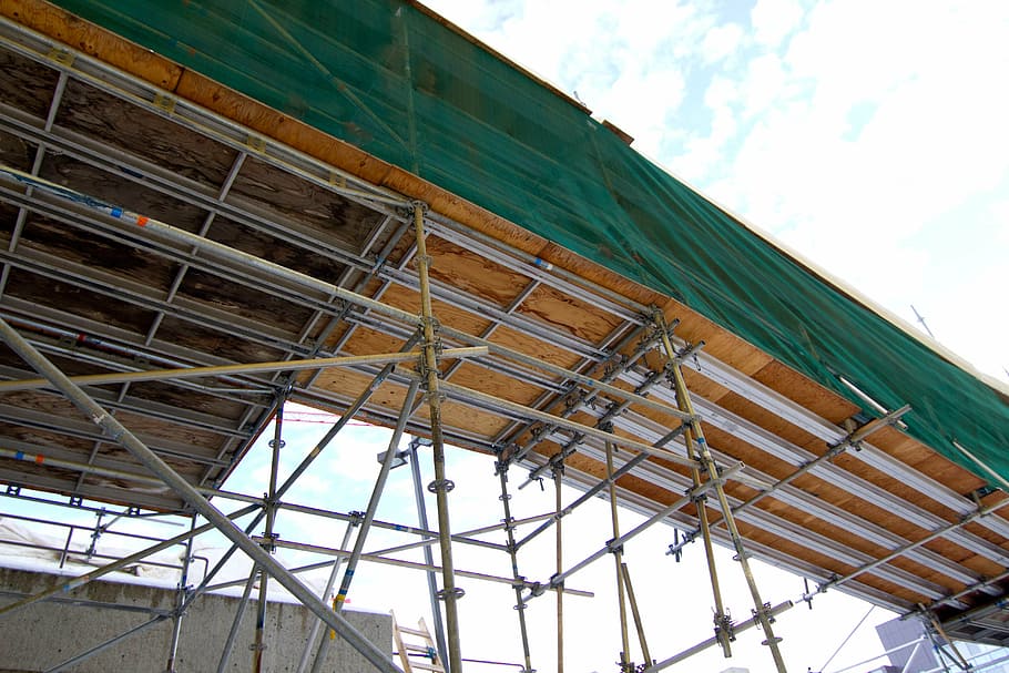 scaffold, plywood, hoarding, construction, scaffolding, platform, walkway, low angle view, built structure, architecture