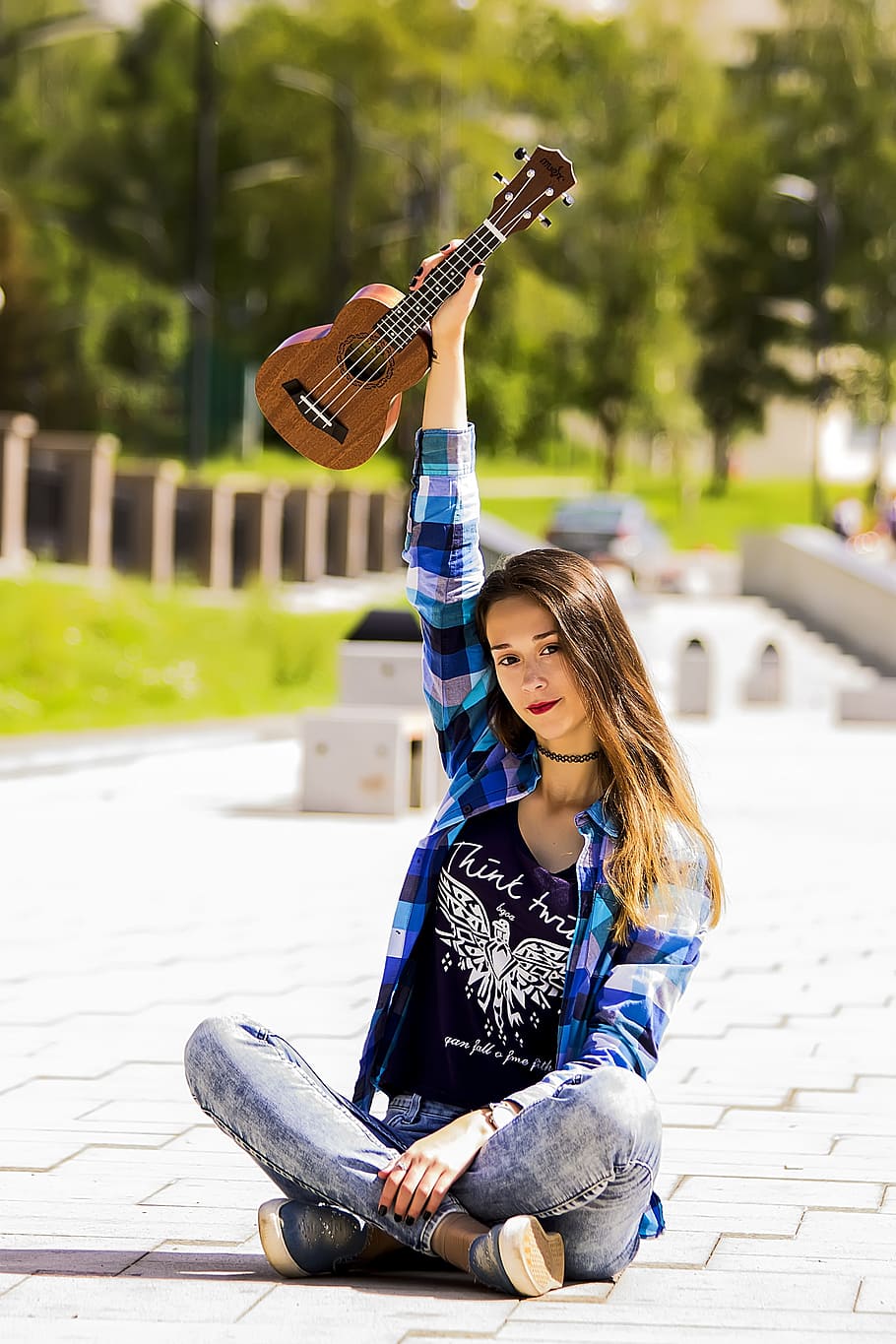 woman, sitting, concrete, pavement, holding, travel, acoustic, guitar, girl, ukulele
