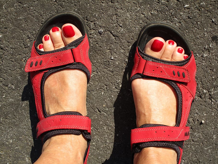 woman, wearing, pair, red-and-black sandals, feet, beauty, fashion, sport shoe, sandals, easily