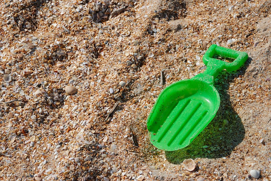 toy shovel, beach, left behind, toy, children, child, shovel, sand, summer, bucket
