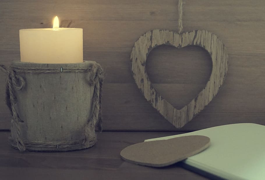 white, pillar candle, gray, container, brown, wall, heart, candle, wooden, notebook