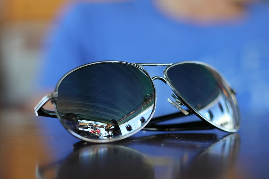 silver-colored, framed, black, lens aviator-style sunglasses, sunglasses, reflection, accessory, style, cool, blue