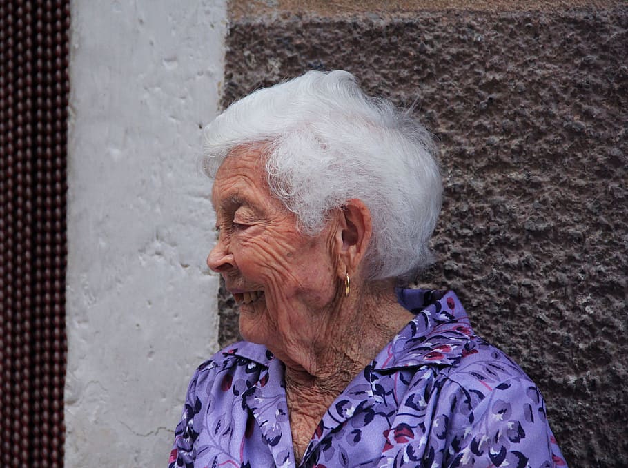 women, purple, floral, button-up, top, elderly woman, aged, gray hair, elderly, senior