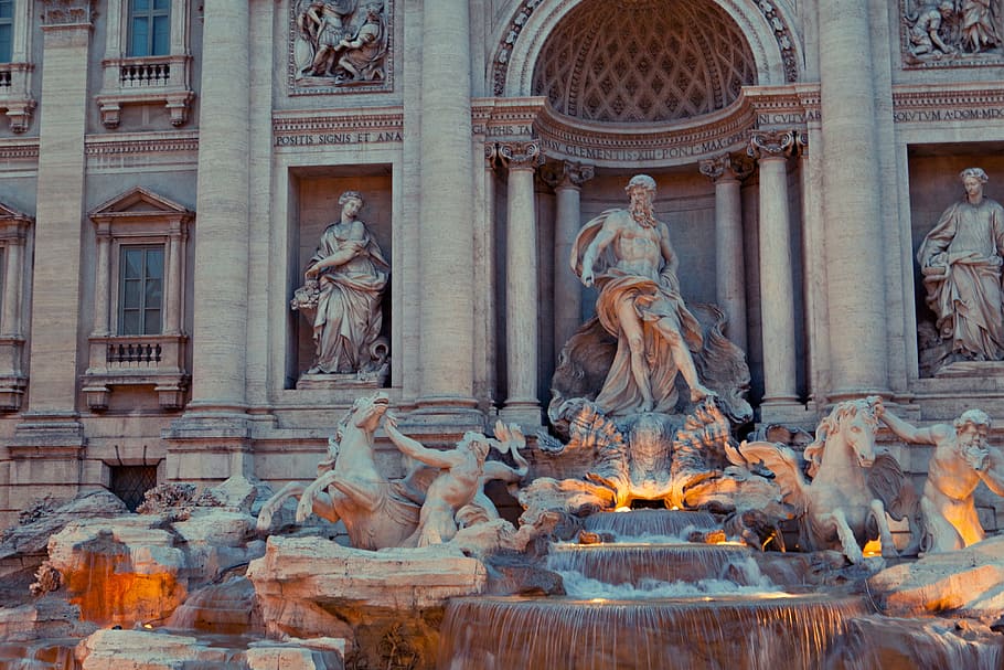 início, tiro da noite, arquitetônico, detalhes, mundialmente famoso, estátua da fonte de Trevi, Roma, Itália, noite, tiro