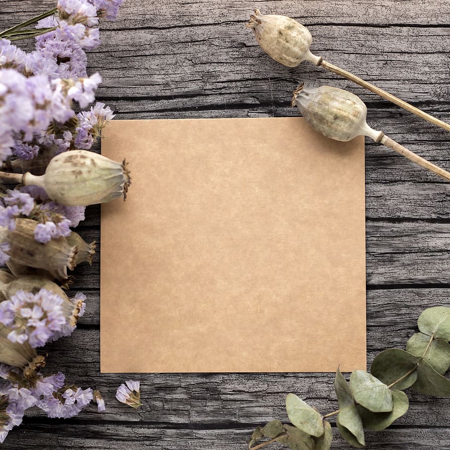 brown, wooden, board, gray, surface, template, letter, kraft, dried flowers, flowers