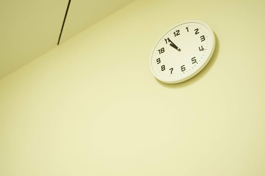 round, white, wall clock, 10:55, clock, time, promise, test, study, night shift