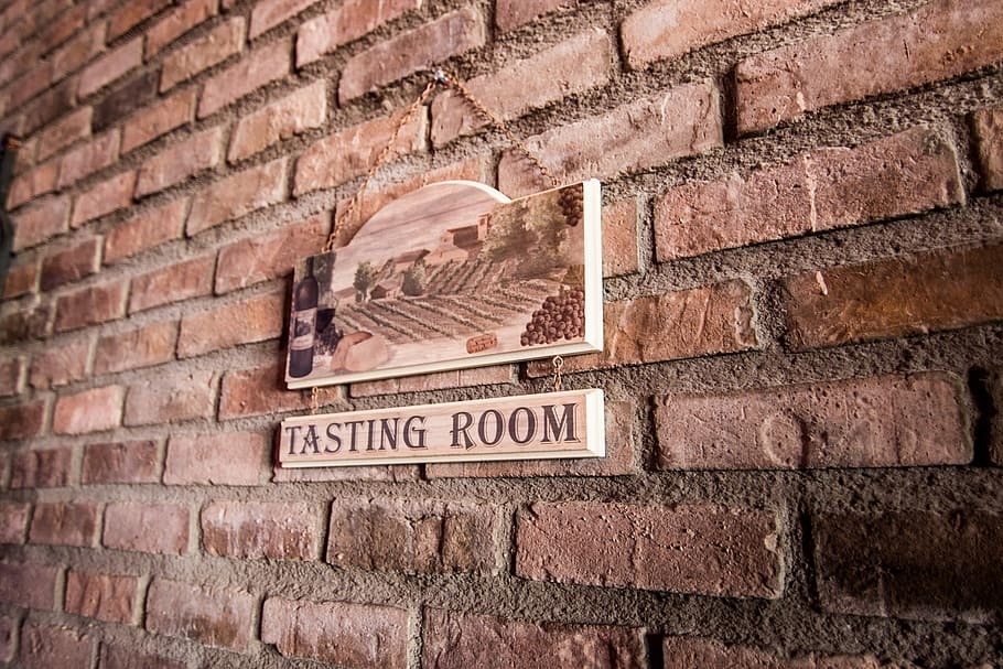 tasting, room, wooden, sign, brick wall, brick, wall, stone, wood, hang