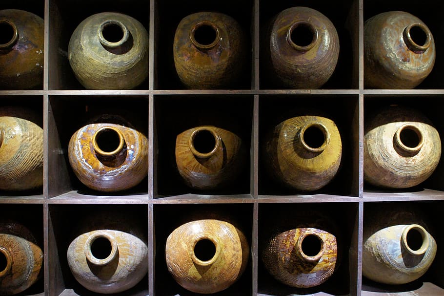 ollas de barro marrón, instalación de vino, urna de vino, métodos antiguos, en una fila, gran grupo de objetos, orden, de lado a lado, disposición, sin personas