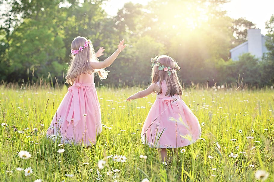 summer, little girls, children, playing, meadow, kids, childhood, nature, joy, happiness