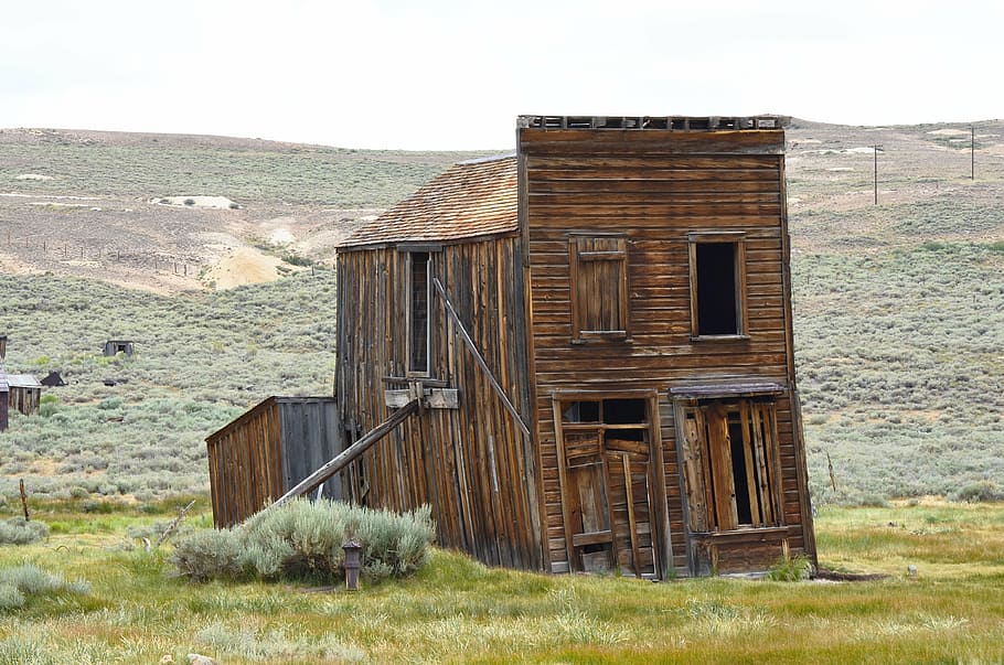 rustic, sagging, building, bodie, california, architecture, built structure, building exterior, grass, abandoned