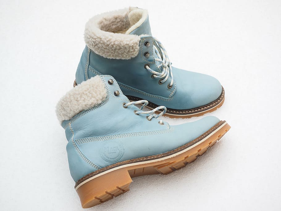 pair, blue, leather boots, winter boots, shoes, boots, warm, clothing, fed, light blue