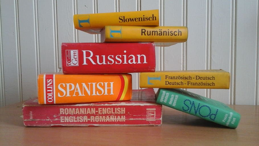 assorted-titled book lot, white, wall, Dictionary, Languages, Learning, foreign, translation, education, study