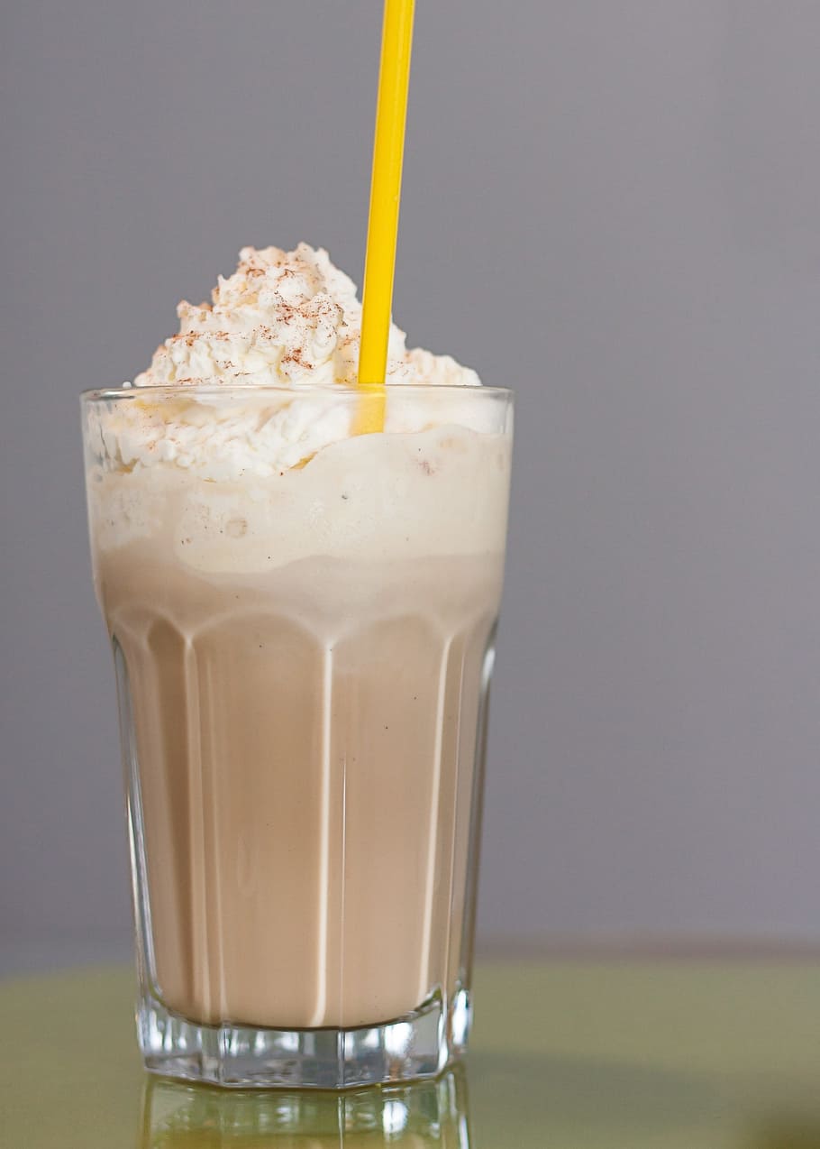 beverage, whip cream toppings, Iced Coffee, Drink, Cafe, Straw, coffee, glass, drinking glass, milk
