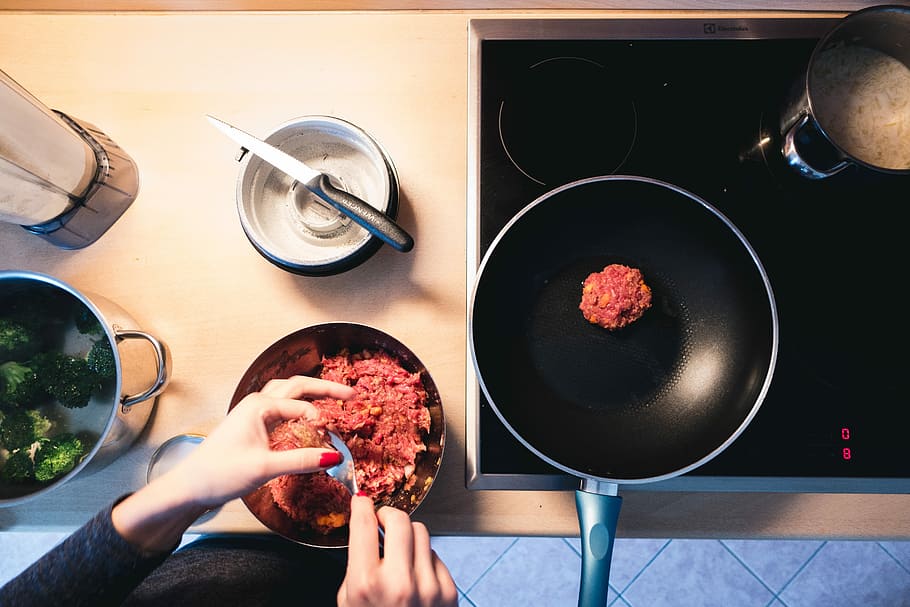 ground beef burger meat, Frying, ground beef, burger, meat, cooking, hands, home, kitchen, kitchenware