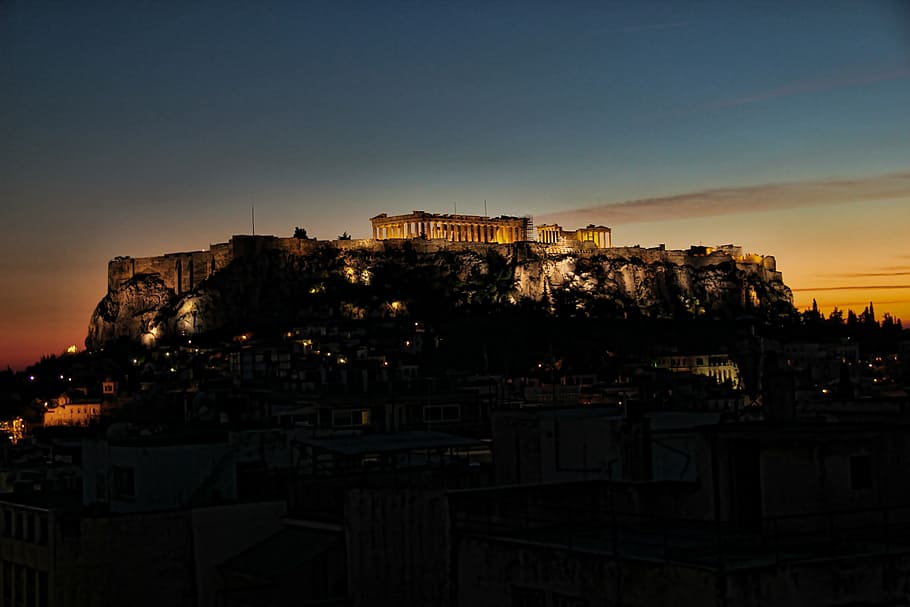 city buildings, night time, athens, greece, travel, europe, architecture, acropolis, landmark, monument