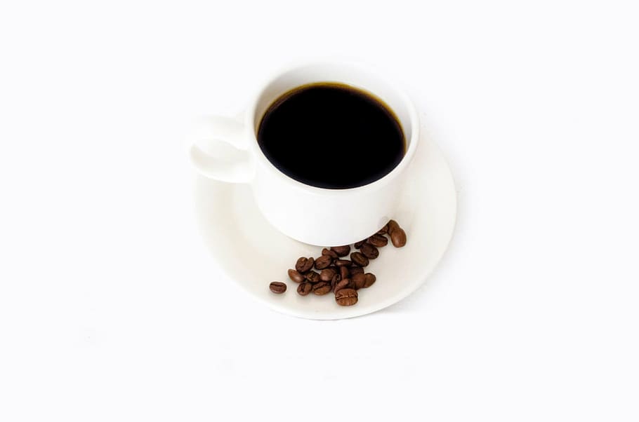caneca de café, branco, pires, aroma, aromático, bebida, preto, pausa, café da manhã, marrom