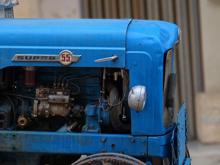 tractor, antiguo, vintage, azul, máquina, faro, ebro, antigüedad, transporte, modo de transporte