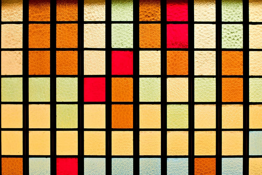 amarelo, vermelho, marrom, azul, superfície quadriculada, cores, vidro, igreja, cor, mosaico