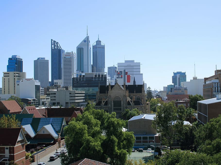 Perth, City, East, Skyline, perth city, dilihat dari timur, perkotaan, lansekap, gedung pencakar langit, cityscape