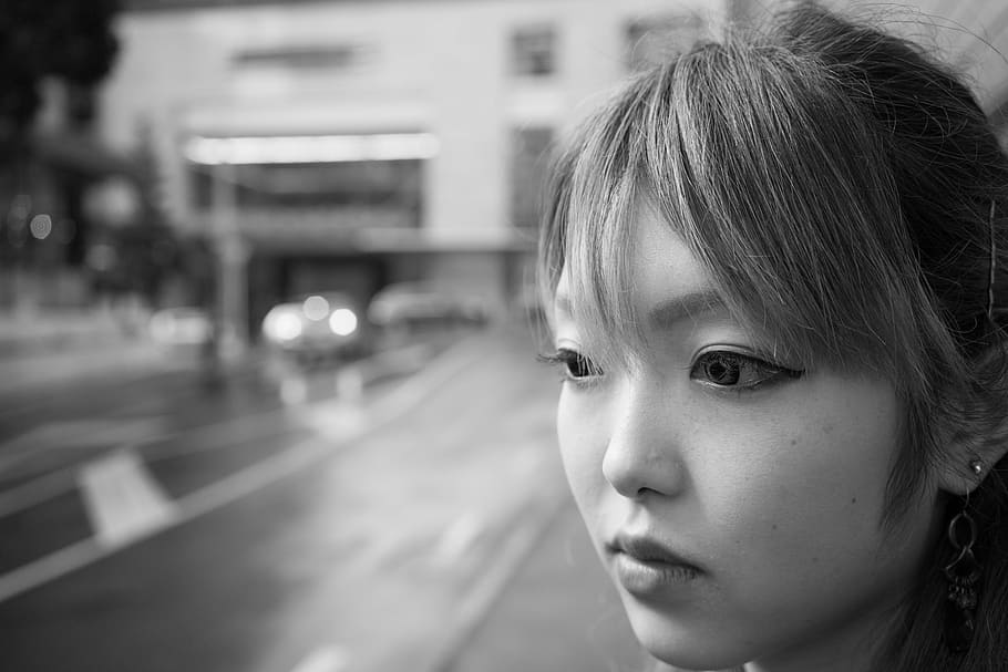 greyscale photography, woman, standing, road, portrait, girl, face, bokeh, mood, young