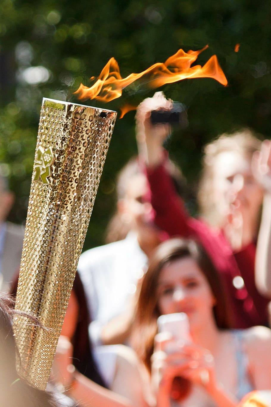 burning, brass-colored fire torch, carry, fire, flame, gold, light, olympic games, relay, sport