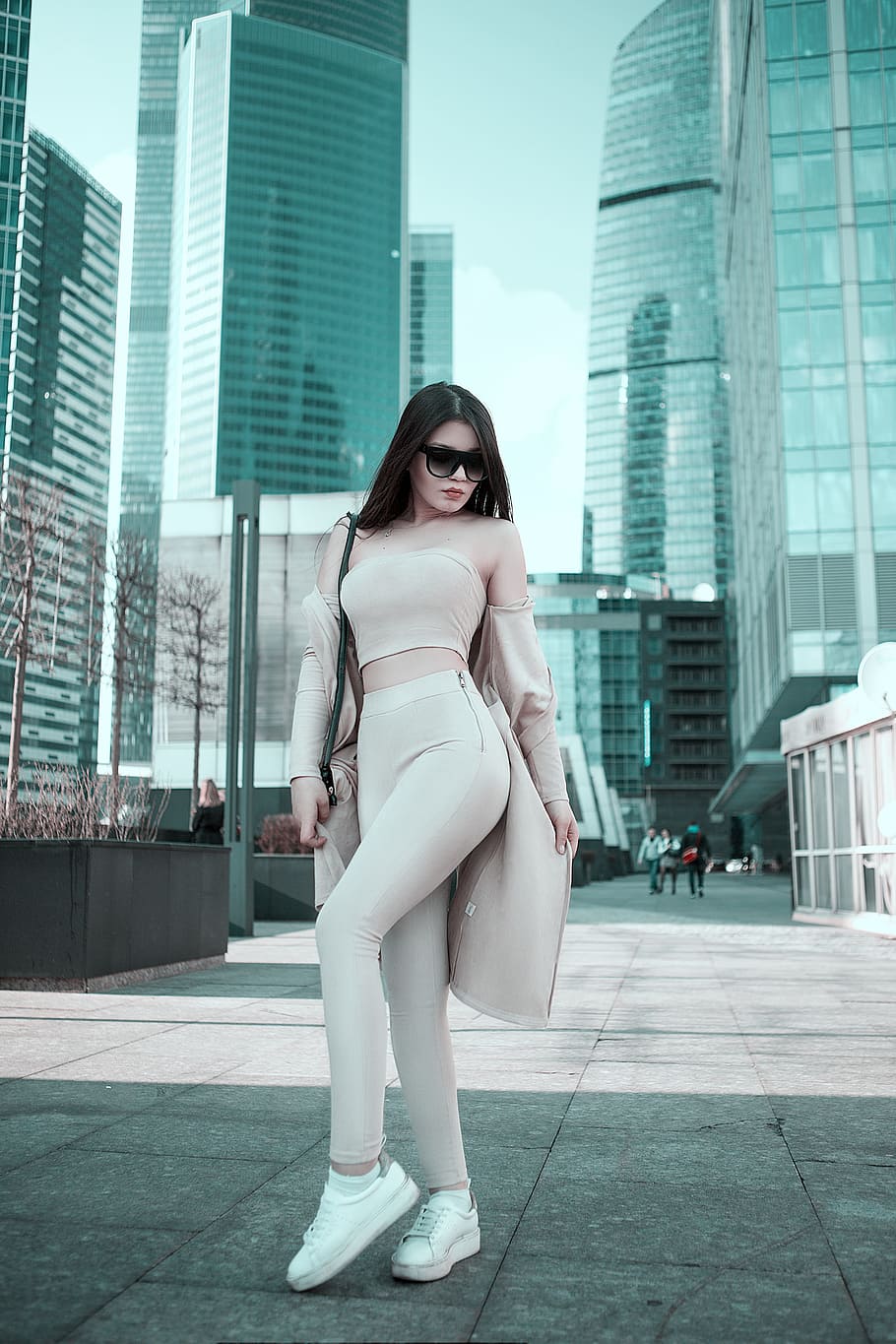 women, brown, cold-shoulder crop, top, pants outfit, woman, high-rise building, daytime, girl, photoshoot
