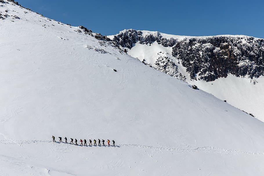 people, snow, capped, mountain, winter, mountain climbing, adatara, white, blue sky, slope