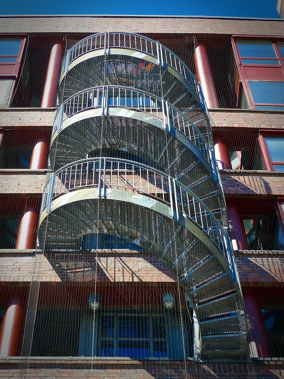 stairs, escape route, staircase finish, security, steel, fire escape, gradually, architecture, built Structure, urban Scene