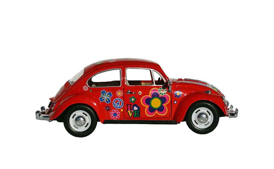 여러 가지 빛깔의, 꽃 무늬의, 빨간, 폭스 바겐 딱정벌레 쿠페, 폭스 바겐, 폭스 바겐 딱정벌레, 자동차, 차량, 포도 수확, 교통