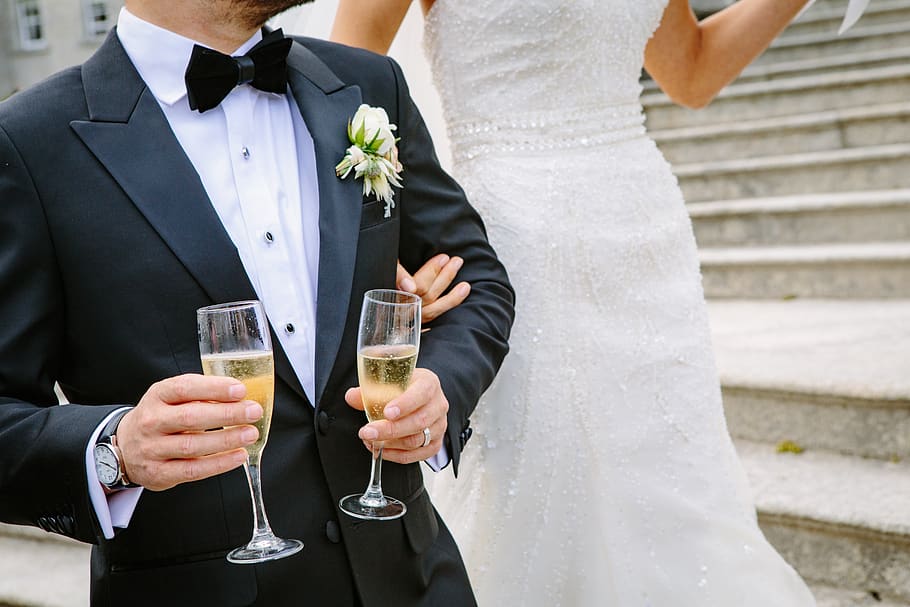 wedding, party, celebration, gown, suit, wine, glass, drink, bride, groom
