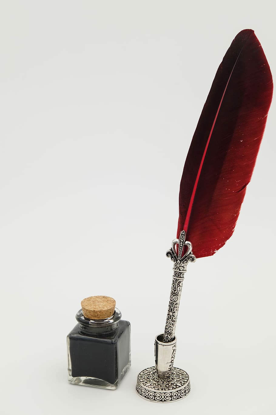 gray, red, fountain pen, feather, ink bottle, leave, communicate, communication, pen, writing implement