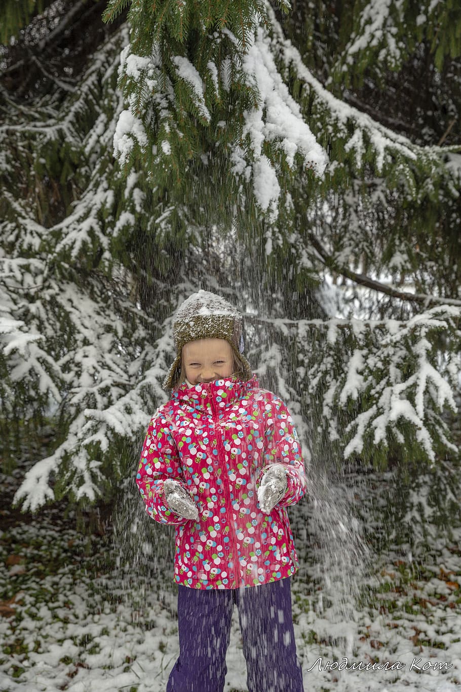 portrait, girl, forest, stroll, snowfall, nature, christmas tree, spruce, snow, the first snow
