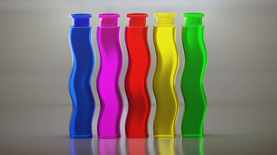 glass, bottles, color, glass bottles, decoration, bright, mirroring, 3d, blender, multi colored