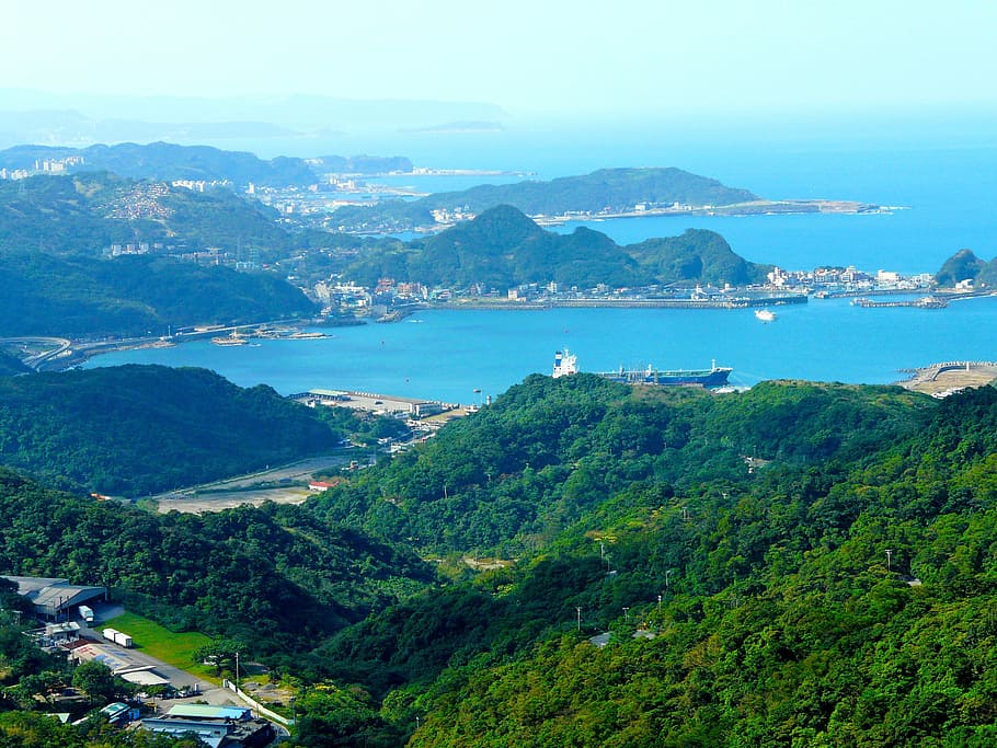 Mountain, Blue Sky, blue sea, sea, beautiful scenery, jiufen, taipei, taiwan, scenics, aerial view
