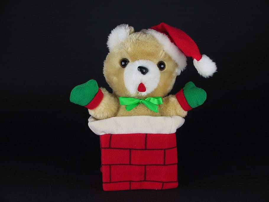 bear cub, christmas, fireplace, santa claus, toy, representation, animal representation, indoors, stuffed toy, black background