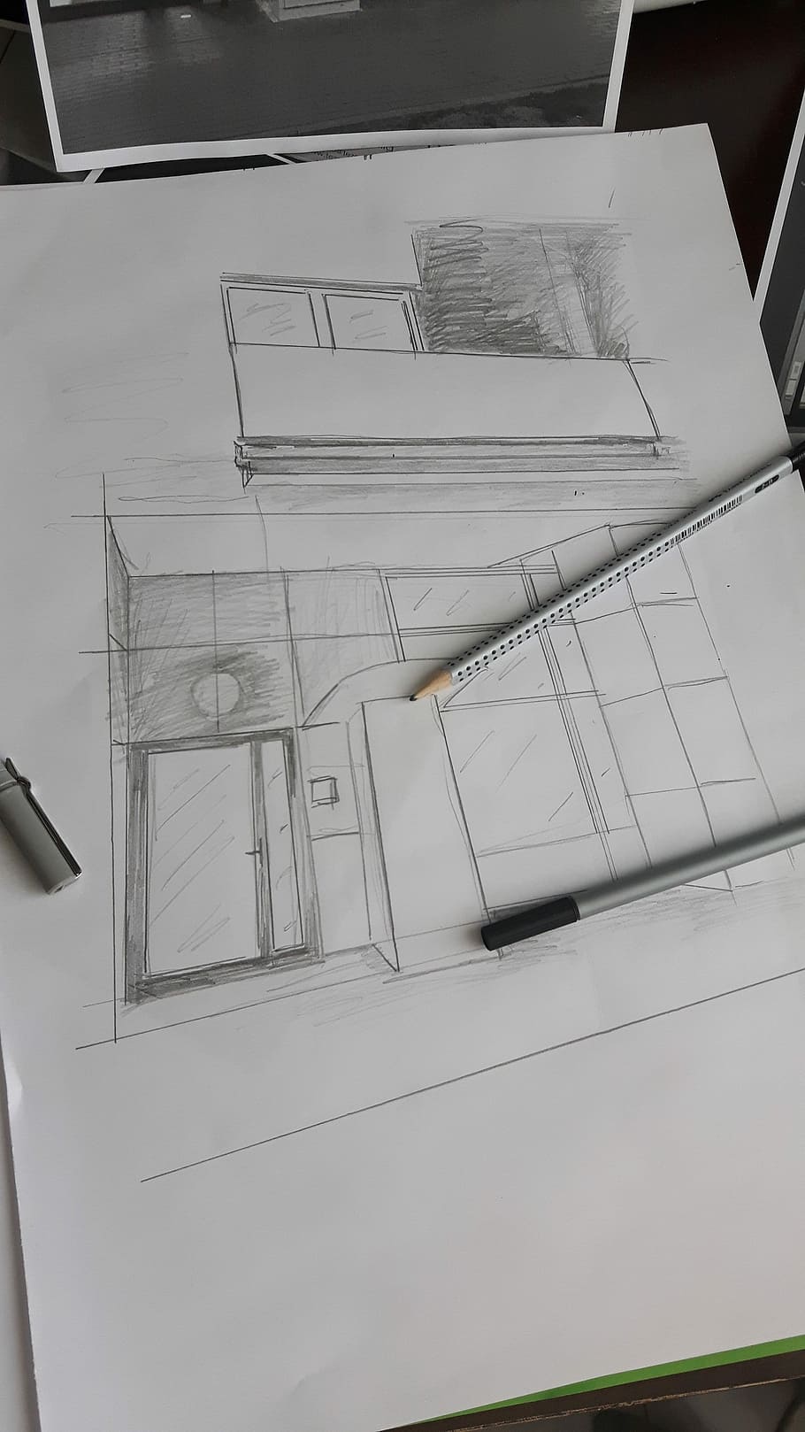 Figura, esboço, lápis, arquitetura, projeto, design, planejamento, profissional de design, planta, dentro de casa
