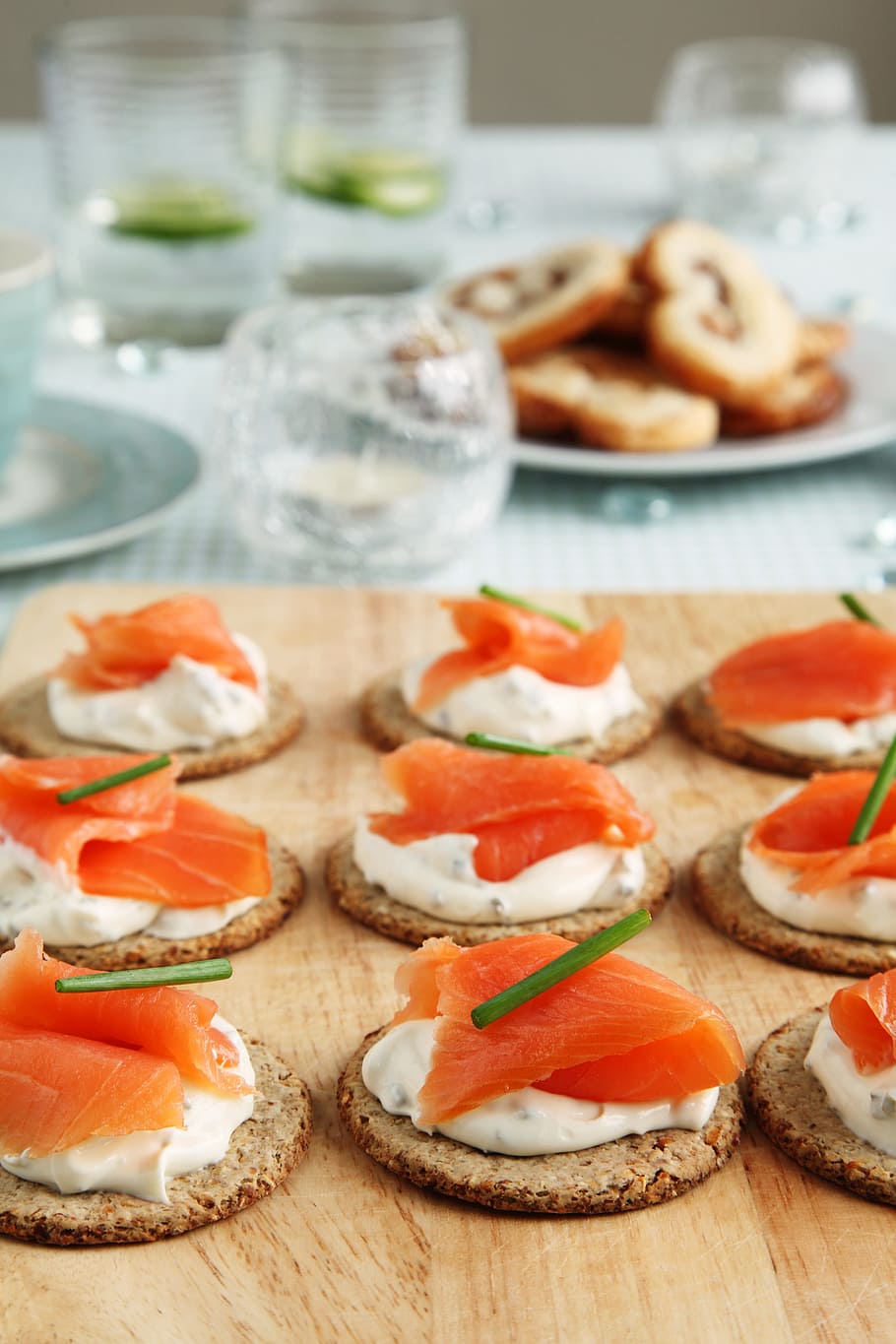 salmon, bread, table, appetizer, canape, canapes, cheese, cracker, cuisine, delicious