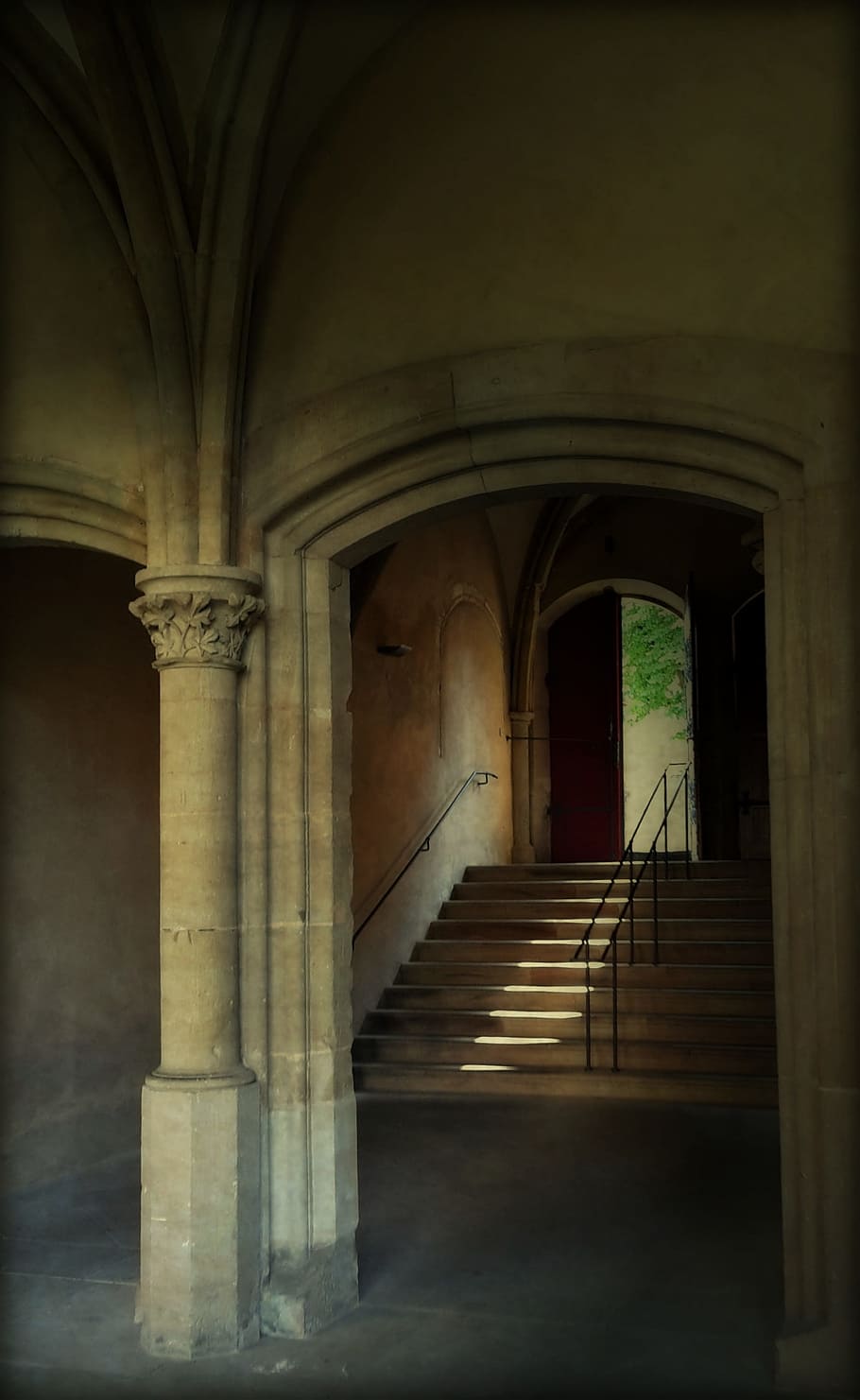 stairs, rails, doorway, church, cathedral, architecture, arcades, goal, door, cloister