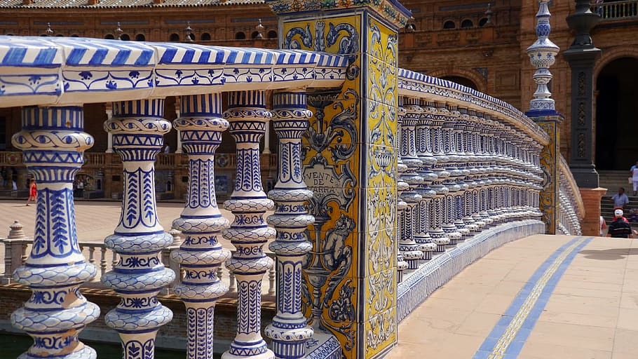 white, blue, concrete, balusters, Sevilla, Plaza España, Architecture, ceramic, travel destinations, indoors
