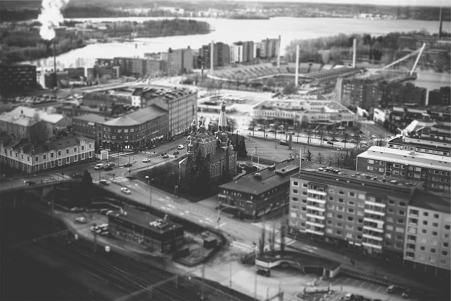 Tampere, Finlandia, ciudad, aérea, vista, edificios, arquitectura, blanco y negro, exterior del edificio, paisaje urbano