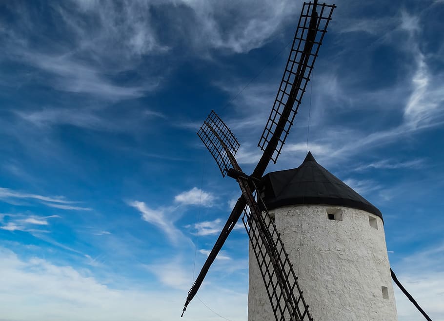 white, black, windmill tower, daytime, mill, windmill, wind, sky, renewable energy, landscape