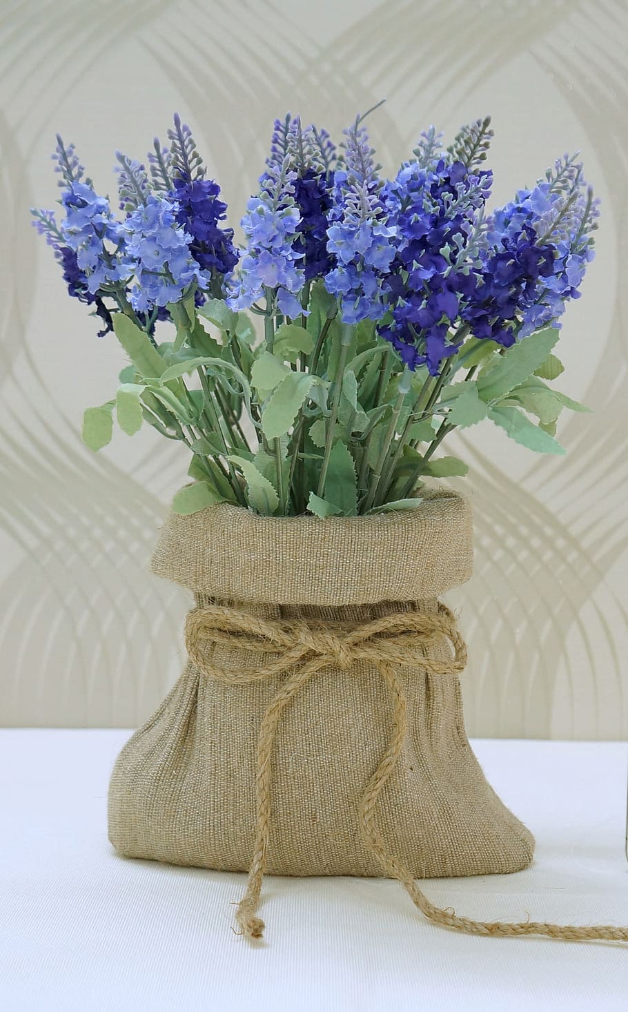blue, green, flowers, pouch pot, object, decorate, craft, rope, burlap, fabric flowers
