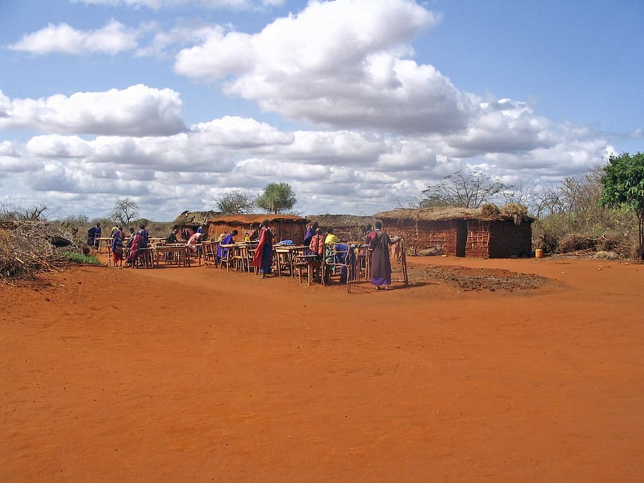 人, 集まった, 家, マサイ族の村, ケニア, 村人, 空, 雲, 農村, 外