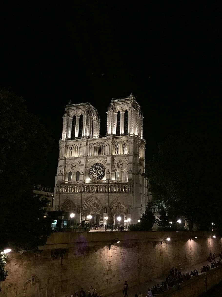 notre, dame, paris, france, church, night, building exterior, illuminated, architecture, built structure