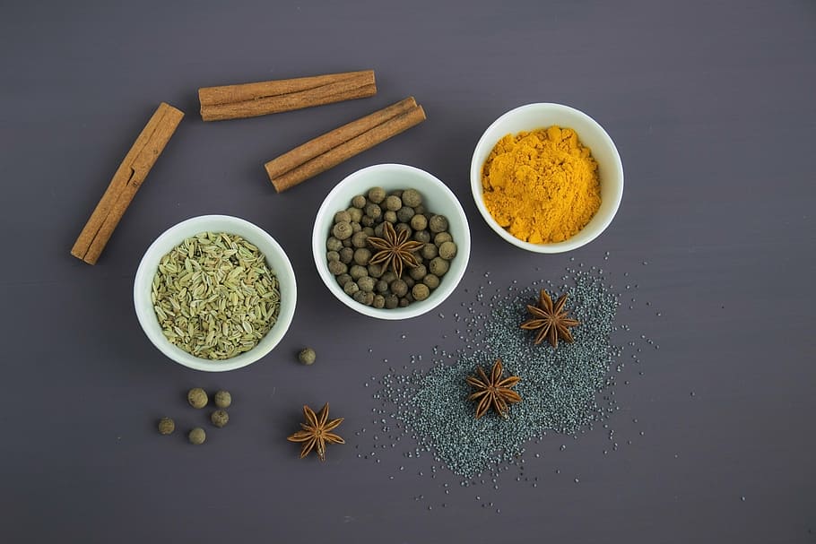 assorted, spices, white, bowls, seasoning, food, seeds, star anise, sprockets, anise