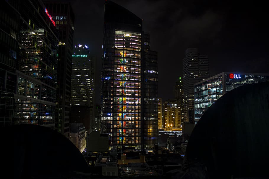 high, rise buildings, nighttime, city, espace, night, building, architecture, dark, infrastructure